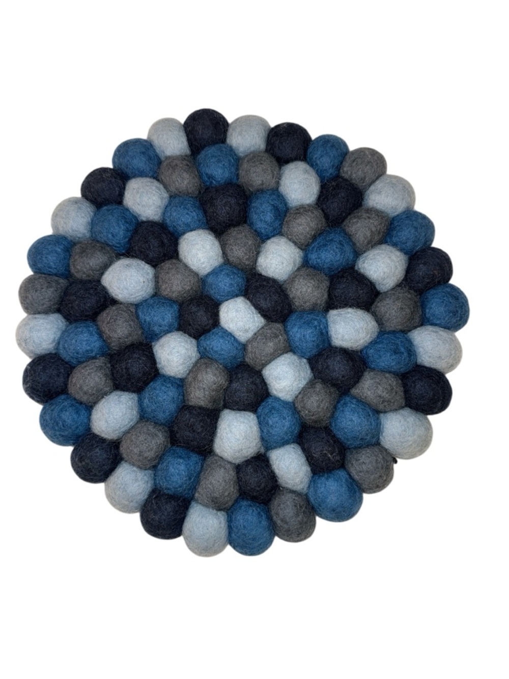 Felted Wool Ball Trivet Blue Round 8.5” Hot Pad Boho Kitchen Decor